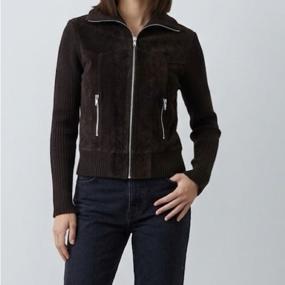 BDG Brown Suede Leather Knit Zip Jacket Large